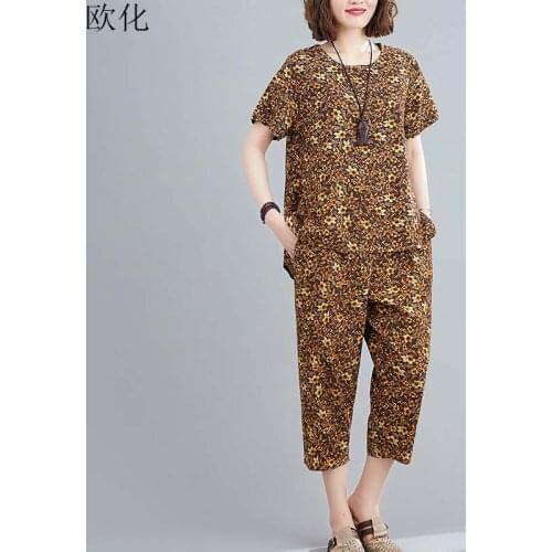 2020 Summer New 2 Piece Set Plus Size Art Print Cotton Linen Tee Shirt Femme Vintage Straight Pants Women Clothing Sets 4XL 5XL