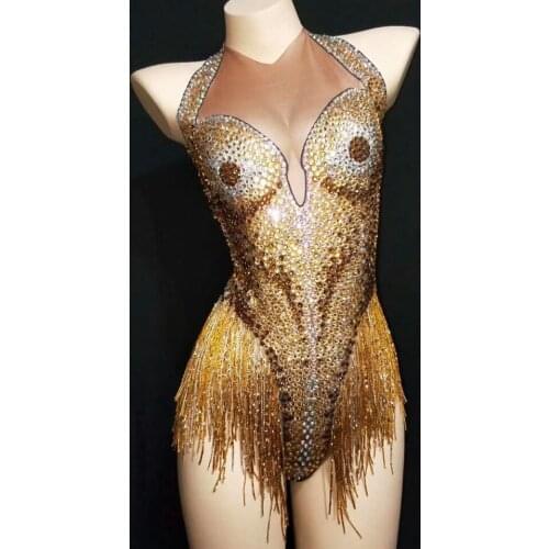 Female Birthday Celebrate One Piece Performance Costume Sexy Sparkly Rhinestone Leotard Tassel Golden Bodysuit Women Dance Wear