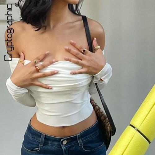 Cryptographic Off Shoulder Long Sleeve Spring Autumn Cropped Tops for Women T-Shirts Elegant Ruched White Top Tees Solid Clothes