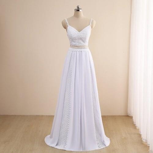 2021 Sexy Two Piece Wedding Dress Spaghetti Straps V Neck Crop Top Lace Bridal Gown Floor Length Long Bride Dresses