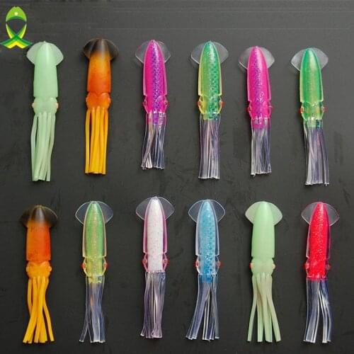 JSM 12pcs 12cm Soft Squid Fishing Lures For Jigs Mixed Color Big Game Fishing Luminous Squid Skirts Artificial Jigging Bait