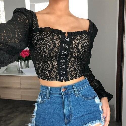 2020 Sexy Cardigan V-Neck Button Down Tops Lace Trim Long Sleeves Shirt Elegant Chiffon shirt Lace Women Tops