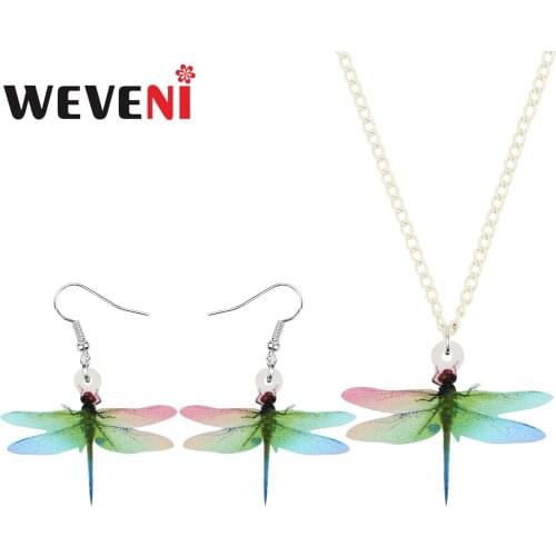 WEVENI Acrylic Colorful Dragonfly Jewelry Sets Animal Insects Necklace Earrings For Women Teens Kids Birthday Gifts Accessories