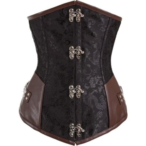 Black Brocade&Leather Sexy Corsets Steel Boned Underbust Waist Cincher Corset Steampunk Costume Korsett For Women Waist slimming
