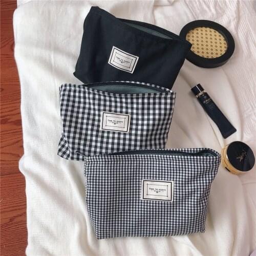 Black Plaid Makeup Bag Simple Urban Leisure Pure Cotton Travel Organizer Cosmetics Do Torebki Pouch