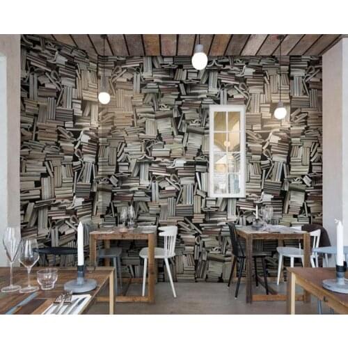 European vintage three-dimensional bookshelf 3D background wall decoration wallpaper murals