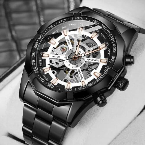 Forsining Men Skeleton Dial Transparent Automatic Watch Roman Numerals Silver Waterproof Stainless Steel Sport Mechanical Watch
