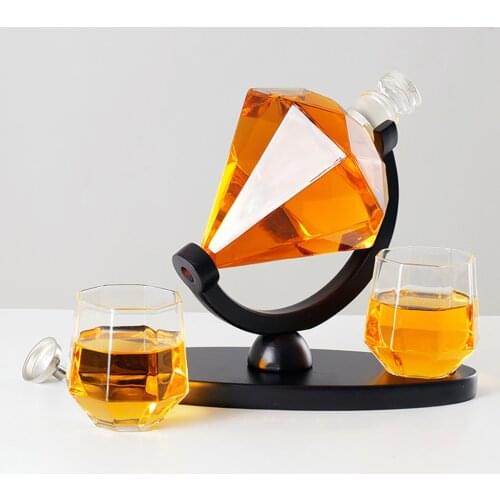 Decanter Wine Glass Set Diamond Crystal Whisky Carafe with Fine Wood Stand Liquor Decanter