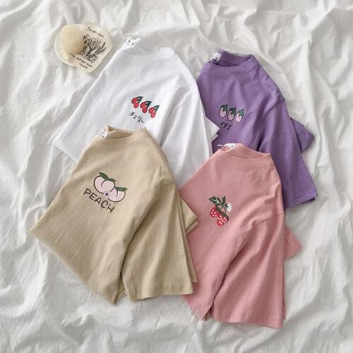 HELIAR Tees Women Summer Plain Short Sleeve O-neck Casual Knitted Fruit Printed T-shirts Cotton T-Shirt 2020 Summer Tees