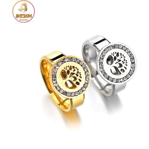 Akizoom Vintage Crystal Rhinestone Hollow Tree of Life Ring Stainless Steel Adjustable Wedding Party for Women Jewelry Gifts