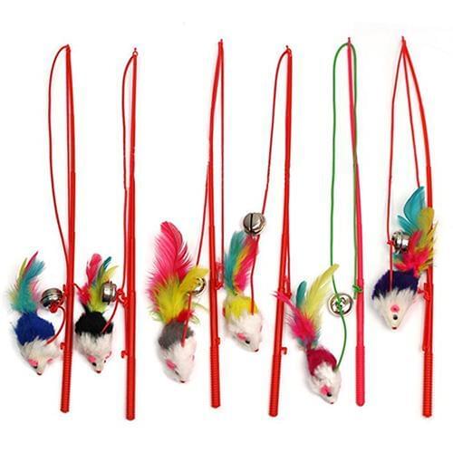 Pet Bell The Dangle Faux Mouse Colorful Feather Plush Mini Mouse Toys Rod Roped Mini Funny Playing Toy For Cats