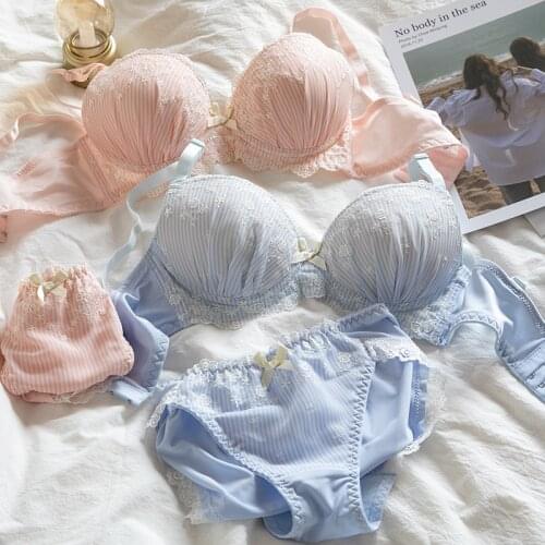 Womens Cute Bowknot Bra & Panties Set Young Girl Student Cotton Underwear Suit Sweet Embroidery Stripe Kawaii Intimates Set