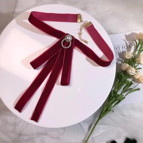 Korean Pearl Velvet Bow Tie Brooches Fabric Necktie Shirt Corsage Vintage Jewelry Gifts for Women Wedding Party Accessories