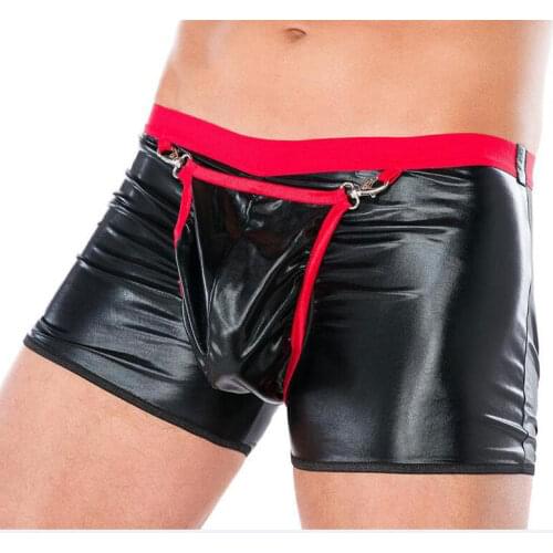 Men Plus Size U Convex Pouch Boxer PVC Shiny Open Faux Leather Underwear Boxers Hot Shorts Male Erotic lingerie Gay Wear F18
