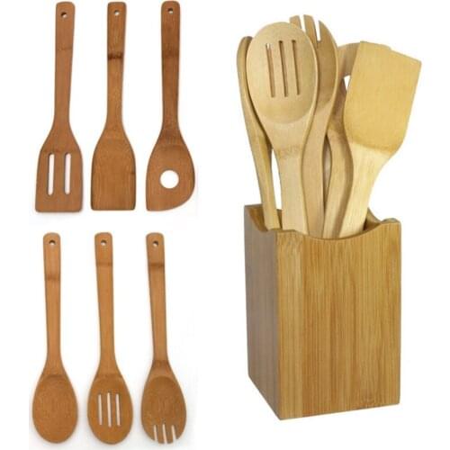Cooking Utensils Set 6 Pieces Bamboo Wooden Spoons Spatulas Bonus Heat Resistant for Cookware Non-Stick Kitchen Cooking Tools