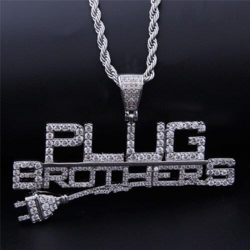 NEW Creative Plug Pendant With Letters Brothers Pendant Pave Bling Clear Cubic Zircon Hip Hop Iced Out Necklace Jewelry Gift