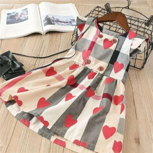 Baby Girl Dress High-Waist Midi Short Sleeve Round Collar Plaid Heart Printed Princess Pleated Summer Dress for 1-6 Years