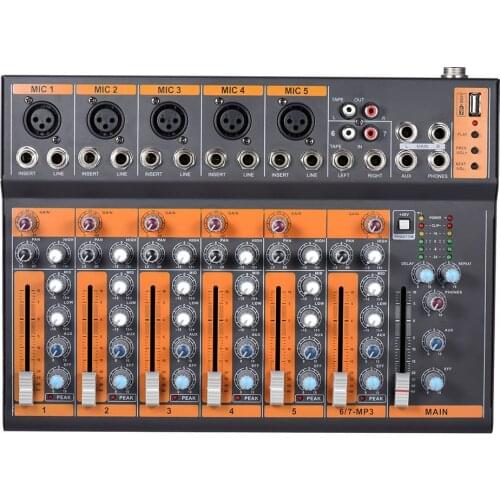 Portable 7-Channel 3-band EQ Mic Line Audio Mixer Mixing Console USB Interface 48V Phantom Power with Power Adapter