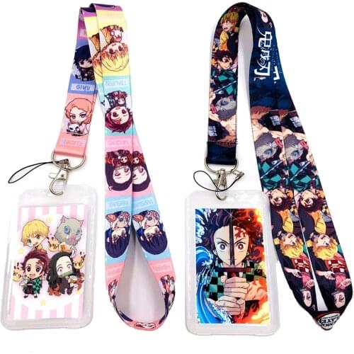 Anime Demon Slayer Lanyard with Card Cover Holder Catoon Kimetsu No Yaiba Neck Strap Cell Phone Rope Keychain