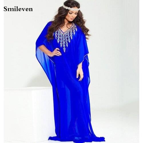 Smileven Pakistan Royal Blue Chiffon Formal Evening Dresses Sexy V Neck Saudi Arabia Caftan Evening Party Gowns Plus Size