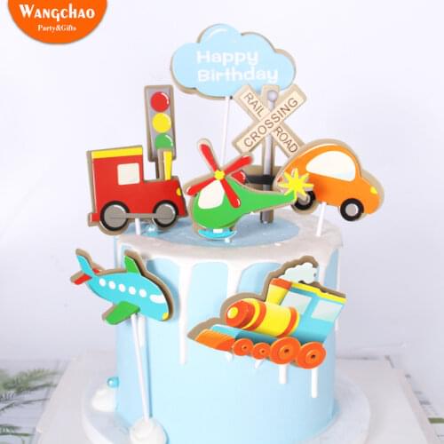 Traffic Lights Locomotive Airplane Cake Decoration Rail Road Crossing Cake Topper Kids Happy Birthday Party Supplies