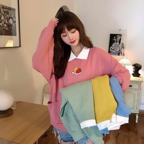 Cute Egg Yolk Print Hoodies Turn-down Collar Sweatshirts Women Pocket Autumn Streetwear Sweatshirt Oversized Tracksuit Clothes