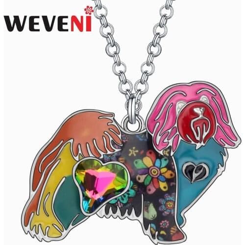 WEVENI Floral Enamel Alloy Standing Havanese Dog Necklace Pets Animal Pendant Jewelry For Women Kid Girl Fashion Gift Decoration