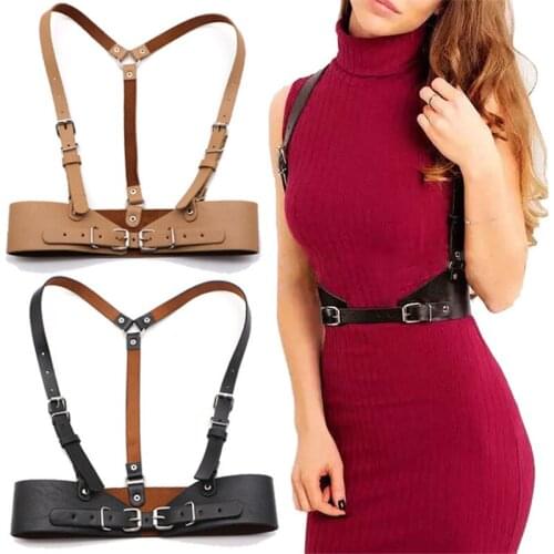 HATCYGGO Women Leather Body Harness Punk Female Body Bondage Chest Belts Lingerie Strap Wide Belt Cummerbund Black Harness Slim Body