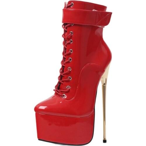 2021 New Sexy Women Ankle Boots 22CM Super High Heel Platform Cross-tied Zipper Leather Booties Fetish Shoes Many Colors