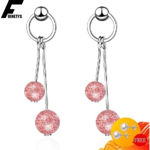 Fashion Drop Earrings 925 Silver Jewelry Round Strawberry Quartz Gemstone Earring for Women Wedding Engagement Party Accessories