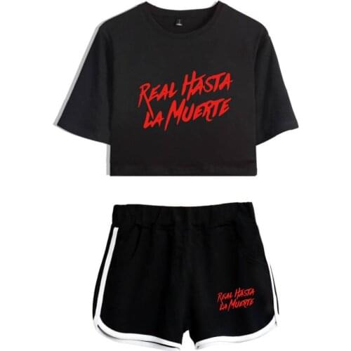 Anuel AA Real Hasta La Muerte Tshirt Two Piece Set Women Summer Cotton T-shirts + Shorts Anuel AA Dew navel t shirt+Hot pants