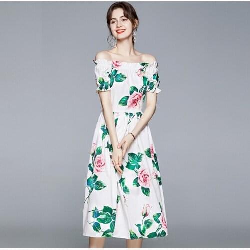 Banulin 2020 Fashion Runway Casual Summer Dress Womens slash neck elastic Waist Vintage Rose Flowers Print Elegant Midi Dress