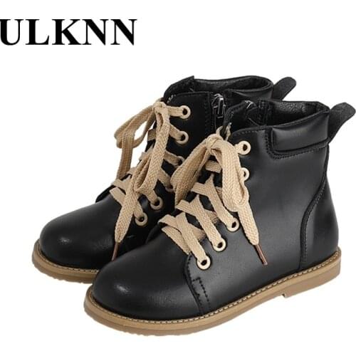 ULKNN Winter Childrens Boots for Girls Boys Black Borwn Martin Boots Kids Snow Keep Warm Leather Shoes Rubber Anti-slip 26-36