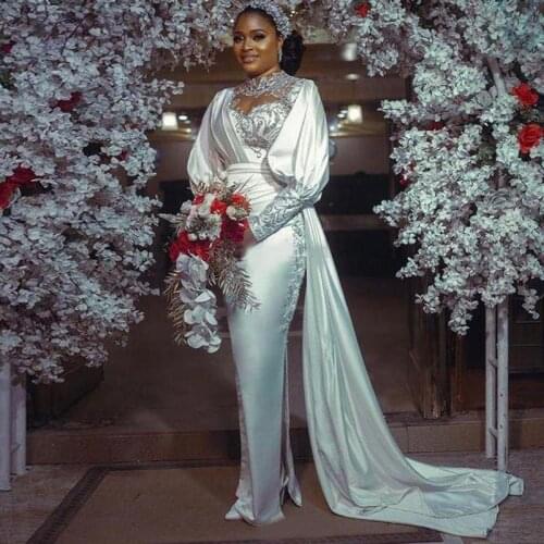 2021 Luxurious Arabic Aso Ebi Mermaid Wedding Dress 2021 High Neck Flare Sleeves Bridal Gowns Robe De Soirée Garden Wedding Gown