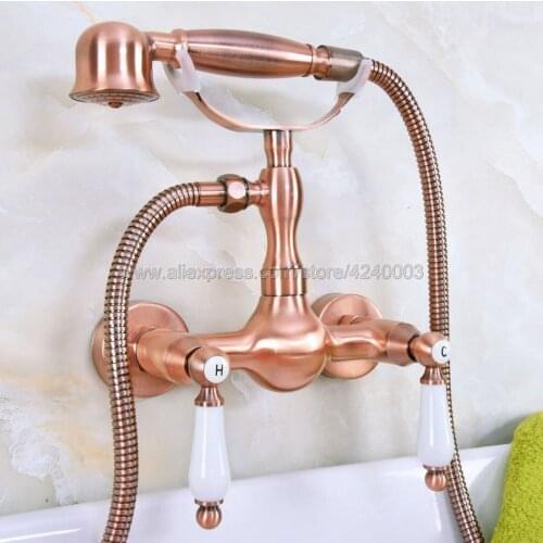 Antique Red Copper Bath Faucets Wall Mounted Bathroom Basin Mixer Tap Crane With Hand Shower Head Bath & Shower Faucet Kna309