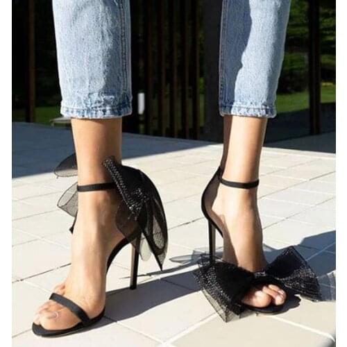 Moraima Snc Summer Black Mesh Grid High Heel Shoes Sexy Open Toe Butterfly-knot Ankle Strap Gladiator Sandal Party Wedding Heels