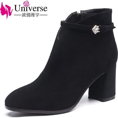 Universe kid suede ankle boots pointed toe chunky heel ladies shoes women 7cm high heel boots buckle strap winter boots G264