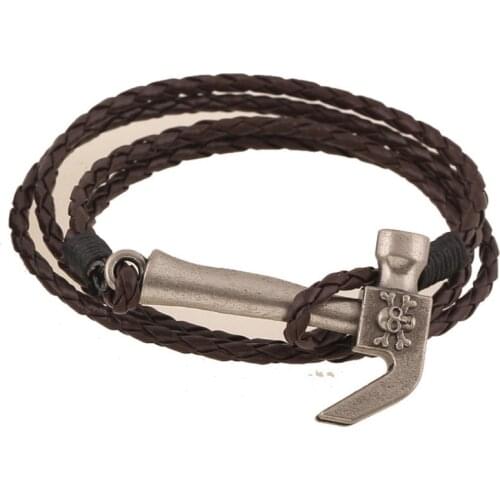 Punk Gothic Rock Black Brown Skull Hammer Bracelet Alloy Charm Multi-Layer Weave Leather Wrap Bangle Wristbands Fashion Jewelry