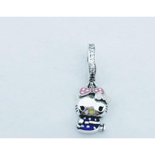 Wholesale Price Fit Snake Bracelet Necklace Jewelry Berloque 925 Sterling Silver Blue Cartoon Cat With Pink Knot Beads Charm
