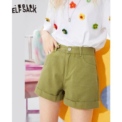 ELFSACK Solid High Waist Smart Casual Women Wide Leg Shorts 2021 Summer Pure Chic Pocket Korean Ladies Basic Daily Denim Bottoms