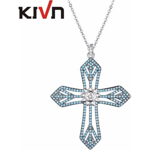 KIVN Fashion Jewelry Pave Royal Blue Cubic Zirconia Bridal Wedding Cross Pendant Necklaces Birthday Gifts 10pcs Lots Wholesale
