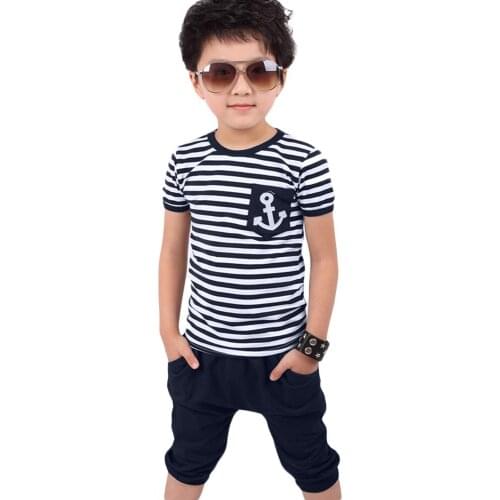 Kids Clothing Set Casual Boys Clothing Pants+Tops Navy Stripe Boat Anchor Pattern Children Tracksuit Summer Boys Clothes Suits