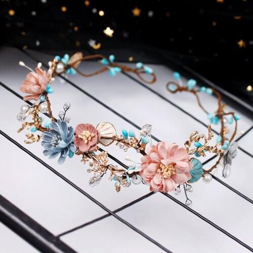 Flower Crown Hairbands Headwear Handmade Beads Baroque Flowers Garland Circular Hair Hoop Crown Bridal Wedding Hair Accessories