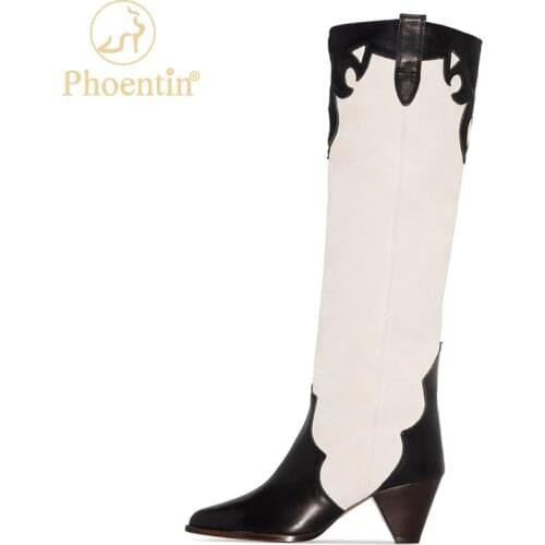 Phoentin Retro Genuine Leather knee high Boot Pointed Toe spike Heels Shoes Womens Mixed Color cowgirl boot plus size 46 FT1656