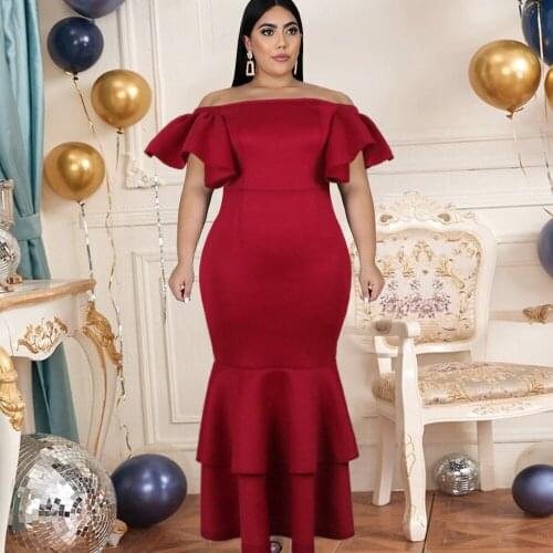 Plus Size Bare Shoulder Dress Ruffle Sleeve Slash Neck Red Mermaid Bodycon Elegant Party Dinner Fashion Lady Dresses Outfits