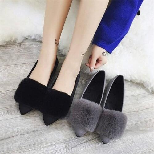 QWEDF Cony hair Winter Fur Women Loafers Pointed toe Slip on Flat Shoes Warm Boat Shoes Comfortable Flock Woman Flats XC-84