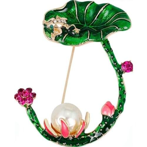 Lotus Flower Green Leaves Frog Shape Brooches Simulated Pearl Enamel Brooch For Women Hat Suit Accessories