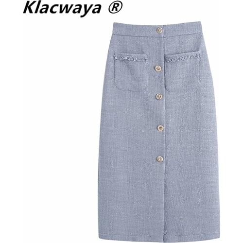 Klacwaya Women 2021 Chic Fashion With Buttons Front Slit Tweed Midi Skirt Vintage High Waist Back Zipper Female Skirts Mujer