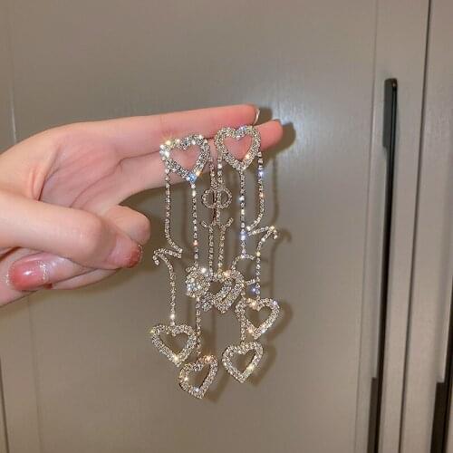 Exquisite Full Rhinestone Heart Shaped Dangle Earrings for Women Shining Zircon Inlaid Long Tassel Earring Party Fashion Jewelry