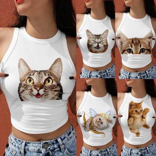 Women Fashion Summer Top Cat Printing Round Neck Sleeveless Navel Short Vest 2021 Fashion Casual Crop Top Women Sleeveless